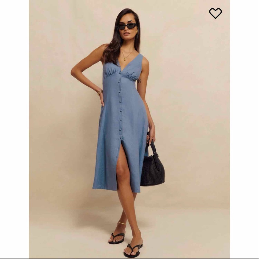 Reformation Sebastien Blue Linen Midi Dress